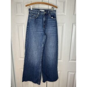 Bershka Women's 4‎ Wide Leg Denim High Rise Raw Hem Jeans